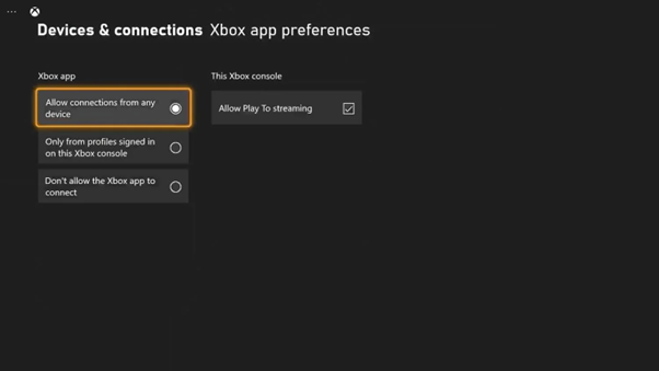 Chọn Allow connections from any devices để cho phép Xbox kết nối với mọi thiết bị