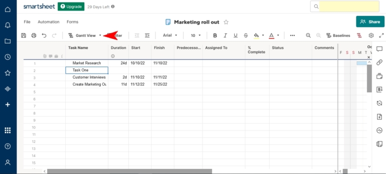 Sử dụng biểu tượng dạng xem trên thanh công cụ của Smartsheet để thay đổi dạng xem bảng.