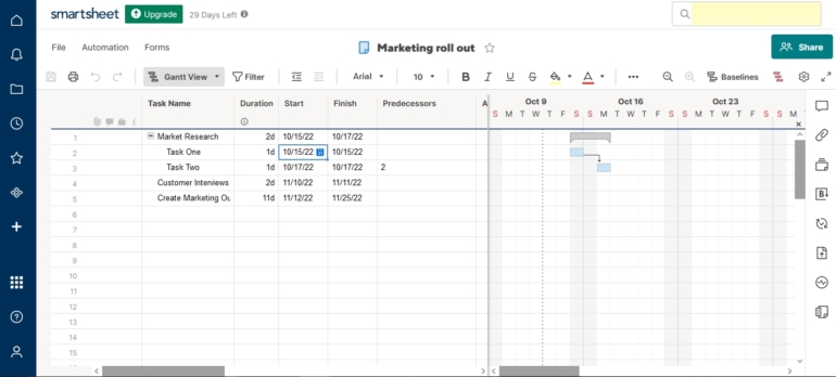 Dạng xem Gantt phản ánh các thành phần phụ thuộc được tạo trong dạng xem Lưới của Smartsheet.