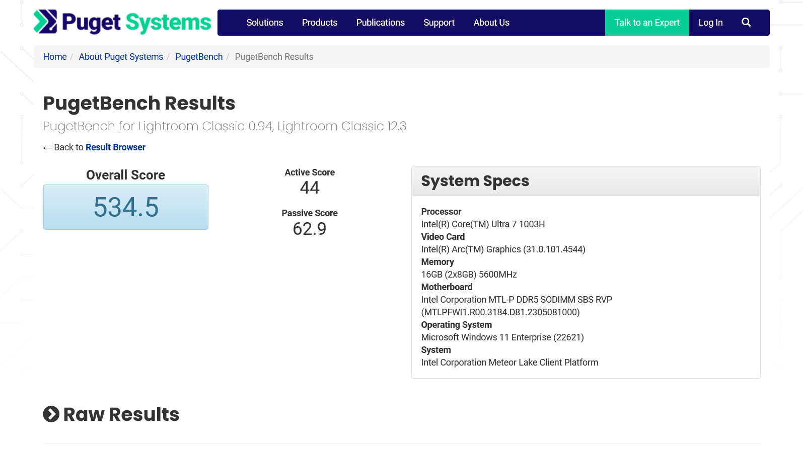 Core Ultra 7 1003H Prototype PugetBench Benchmark Run