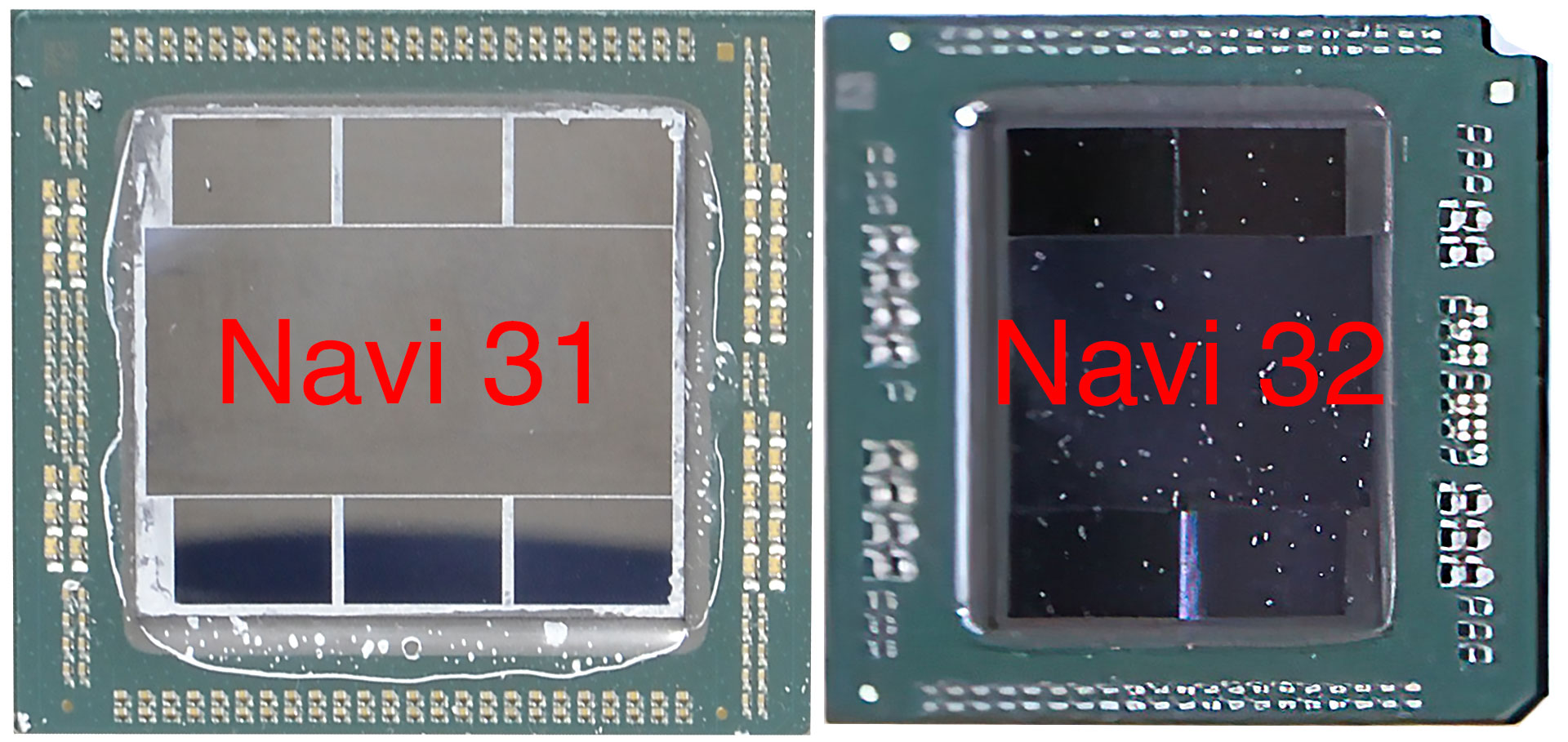 Ảnh chụp chip AMD Navi 31 so với AMD Navi 32