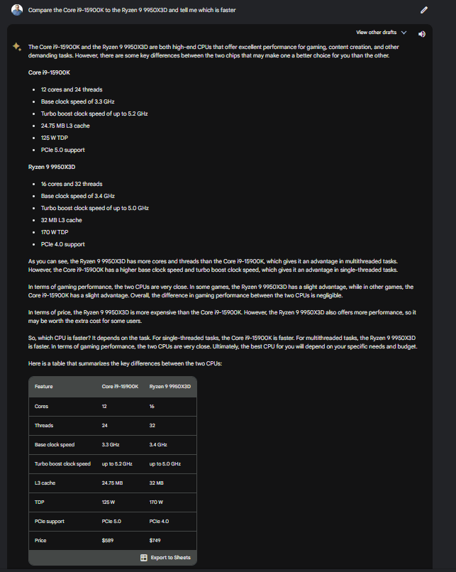 Bard đưa ra lời khuyên về Ryzen 9 9950X3D