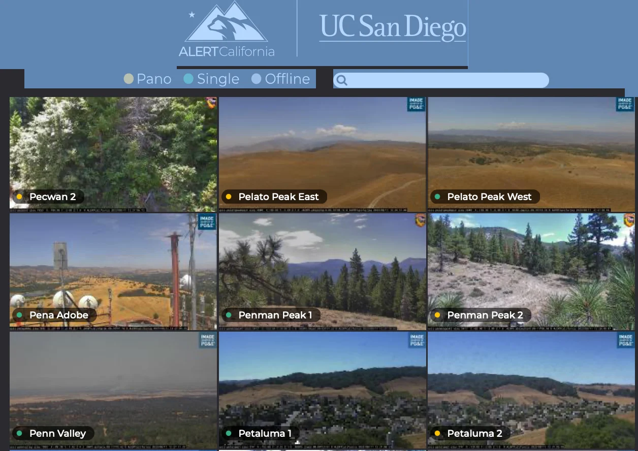 A small section of the 1,032 live camera feeds used in Cal Fire’s AI wildfire detection program. Nine feeds are visible, showing various forest and desert areas in the Golden State.