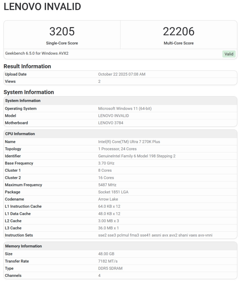 Điểm số Geekbench bị cáo buộc của Intel Core Ultra 8 270K Plus